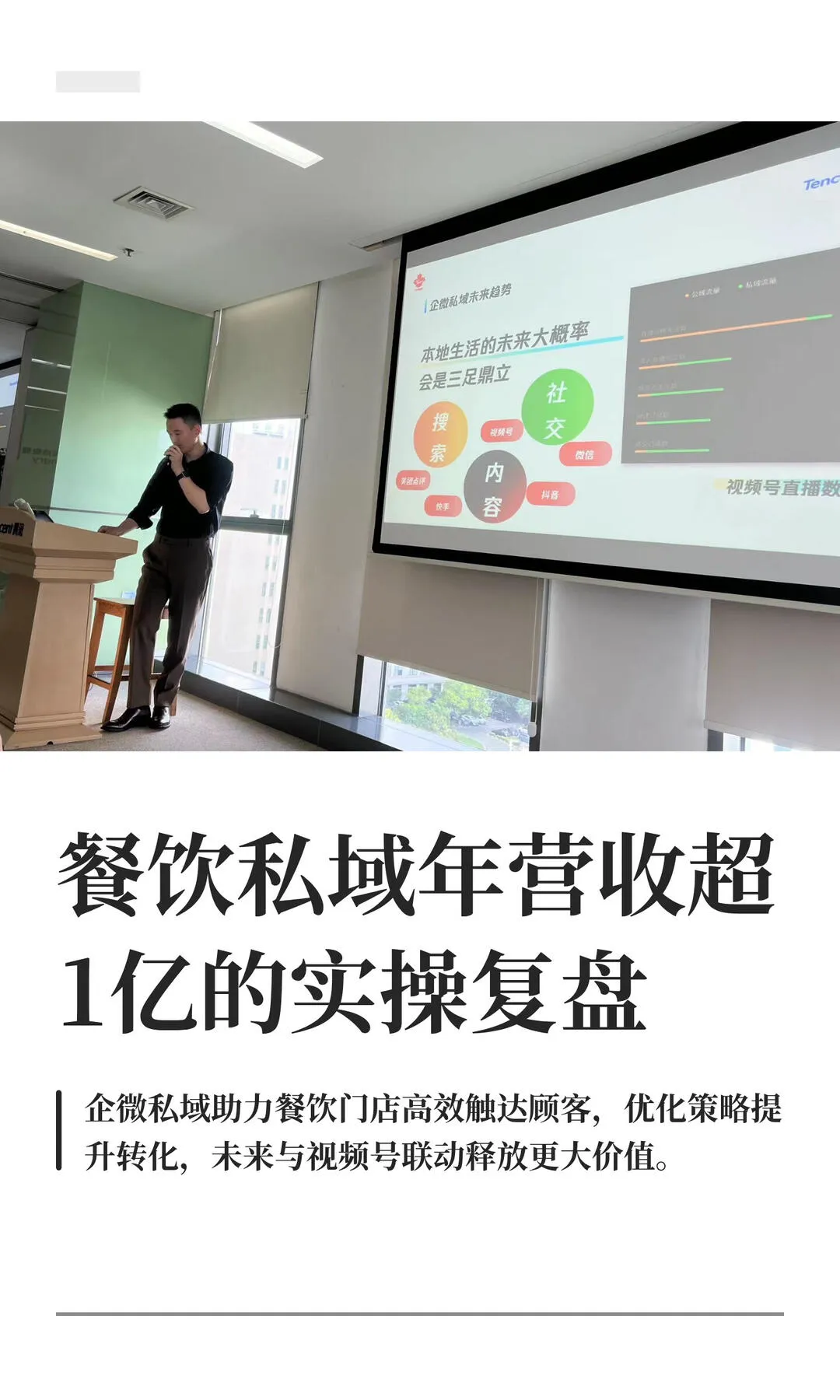 餐饮私域实操复盘原始封面,包含马甲在腾讯分享的现场照片